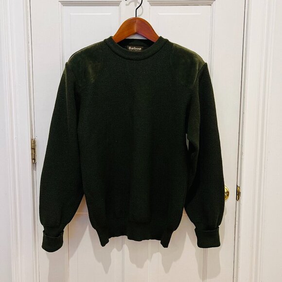 Barbour 100% Wool Suede leather Shoulder & Elbow Patch Gun Sweater Size Medium - Picture 1 of 16